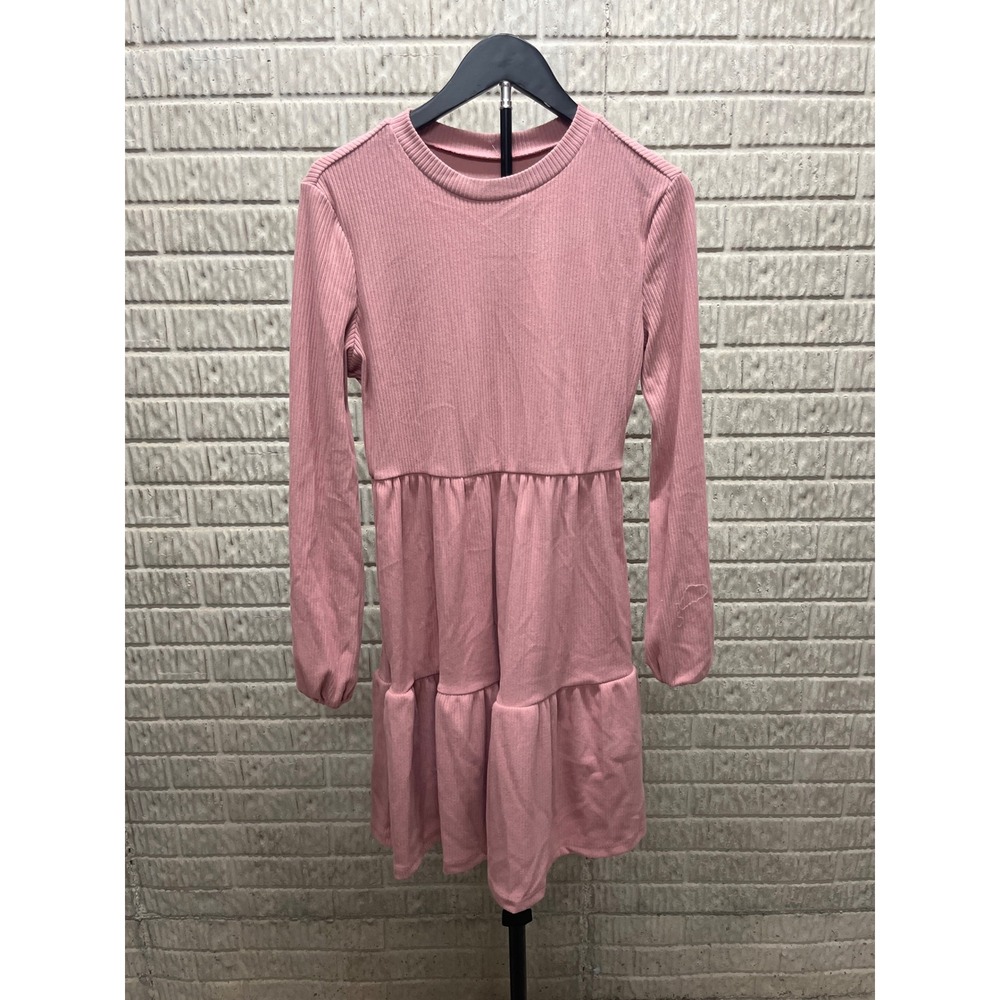 Cupshe Pink Ribbed Knit Long Sleeve Tiered‎ Babydoll Mini Dress CAA05A2K020DD M